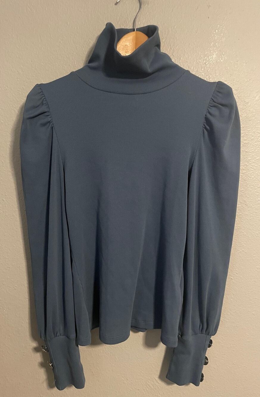 Veronica Beard Womens Juno Turtleneck XS Blue Pima Cotton Ribbed Stretch FLAW